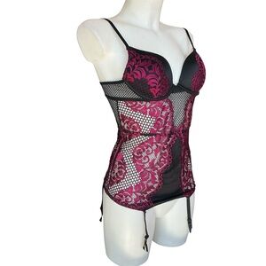 La Senza Black & Red Lace & Fishnet Teddy Chemise Garter Lingerie Small NWOT
